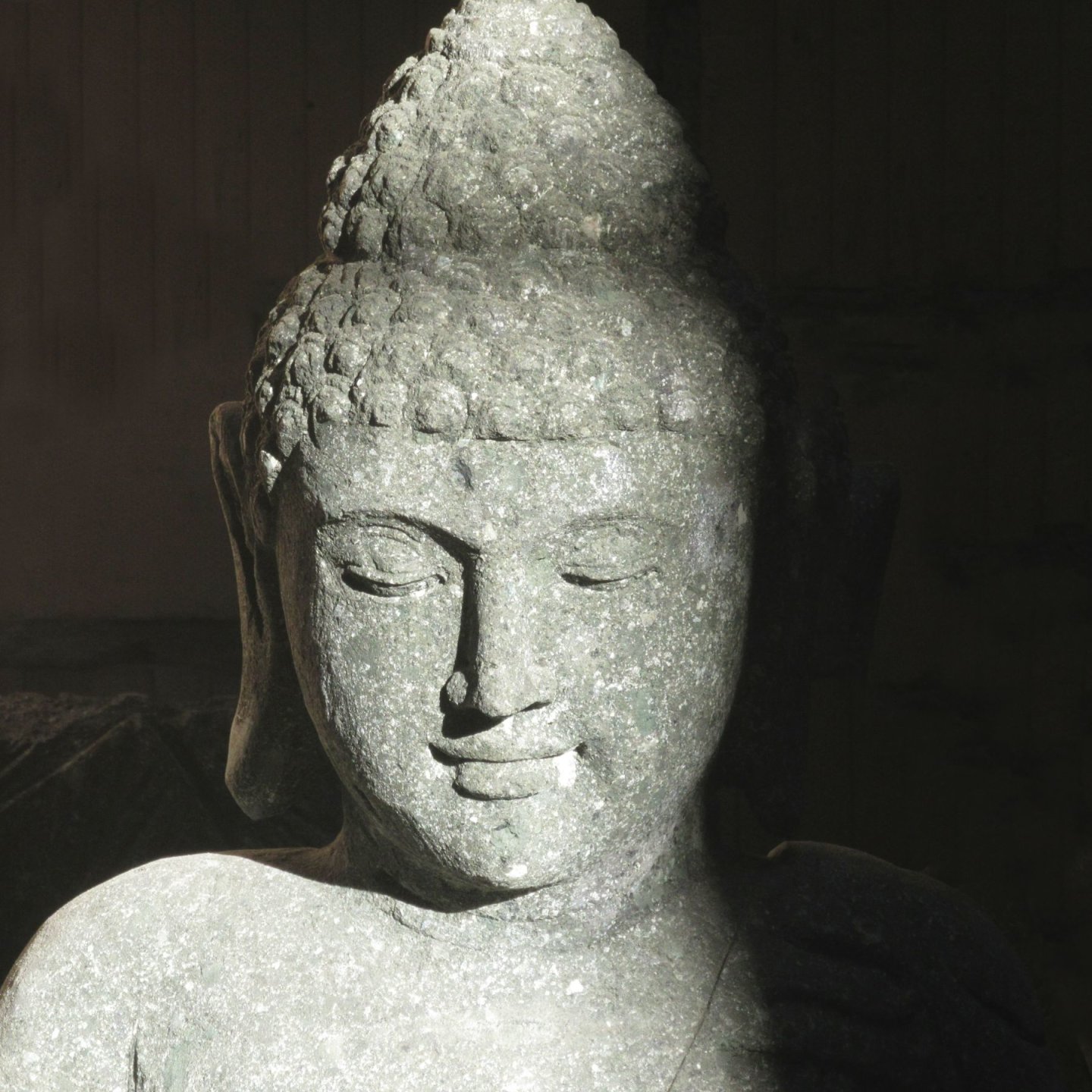 Buddha-Gesicht teilweise mit Schatten Steinfigur aus...