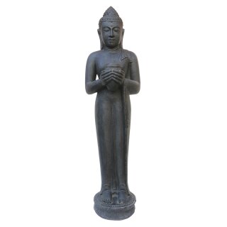 Stehende Buddha-Statue mit Topf, 151 cm, Steinfigur, Garten-Deko, schwarz antik, frostfest