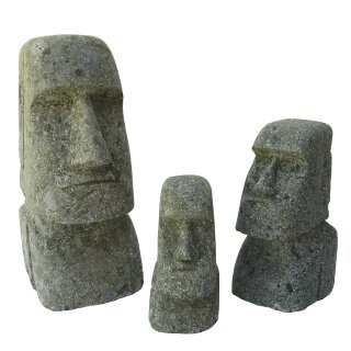3er Set Moai, Osterinsel-Kopf, H 15, 20 &amp; 30 cm, Steinmetzarbeit aus Basanit
