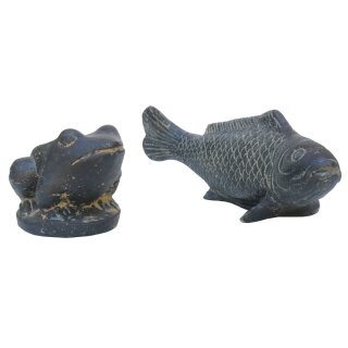 Set Frog 17 cm and Koi-Fish 40 cm, stone figure, garden and pond decoration, antique black, frost-proof