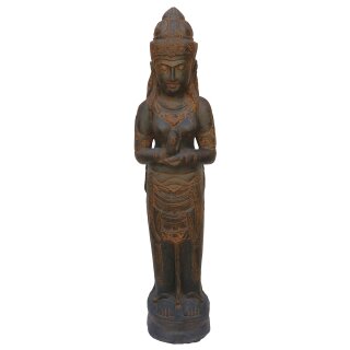 Standing Dewi figure "Chakra" 150 cm, stone sculpture hand carved from natural stone (basanite), brown-black patinated, garden deco, frost-proof