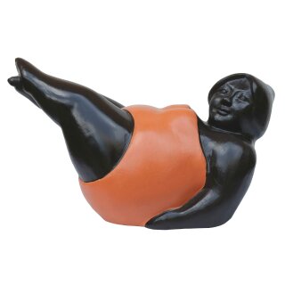 Mollige Dame im orangen Badeanzug, auf dem Hintern, 75 cm, Steinfigur, GRC Material, Pool und Garten-Deko, frostfest