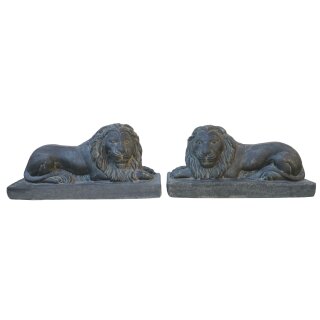Solid stone-lion-pair on base, 56 cm, stone statue, cast stone, garden-deco, black antique, frost-proof