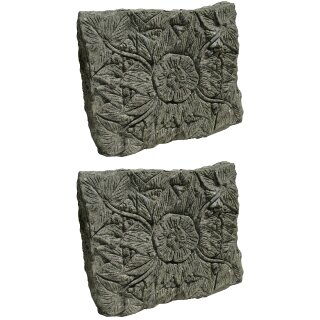 2er Set Stein-Relief / Trittplatte mit Blütenmuster, 60 x 50 cm, Steinmetzarbeit aus Lavastein, exklusive Garten-Deko, frostfest