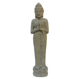 Stehende Buddha-Figur "Begrüßung", 150 cm, Steinmetzarbeit aus Naturstein (Basanit), Garten-Deko, frostfest