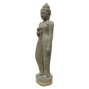Stehender Buddha mit Gebetskette, &quot;Vitarka&quot;, Rad der Lehre, H 150 cm, Steinmetzarbeit aus Basanit