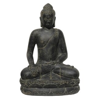 Buddha-Figur sitzend "Erdberührung", 100 cm, Steinfigur, Garten-Deko, schwarz antik, frostfest