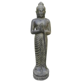 XL standing Buddha statue "greeting", 158 cm, stone figure, garden deco, black antique, frost-proof