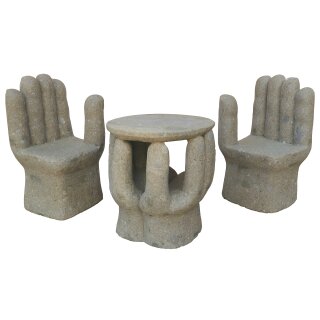 Gareden set, 2 stone seats and 1 stone table "abstract hand", hand carved from basanite